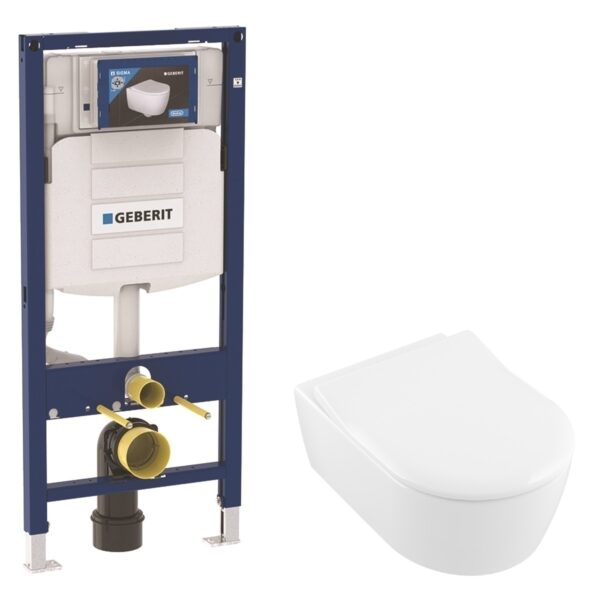 Комплект: Инсталляция для унитаза Geberit Duofix Sigma с подвесным унитазом Villeroy&Boch Avento Rimless c сиденьем дюропласт Slim Soft Close