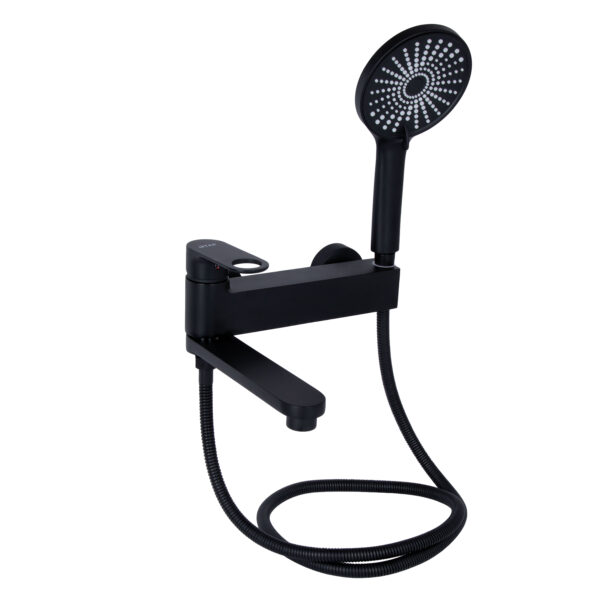Смеситель для ванны Qtap Jay с поворотным изливом c душевым гарнитуром Black Matt QTJAY260BLM45548